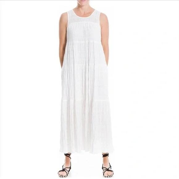 Max Studio Sleeveless Gauzy Jewel Neck Tiered Maxi Dress Medium White NEW $138 - Picture 3 of 8